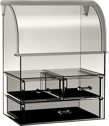 Stylish Acrylic Cosmetic Makeup Organizer with Lid - Dustproof, Waterproof Storage Box Featuring 3 Drawers for Makeup Tools, Lipsticks, Perfume, and Jewelry (Black Clear)