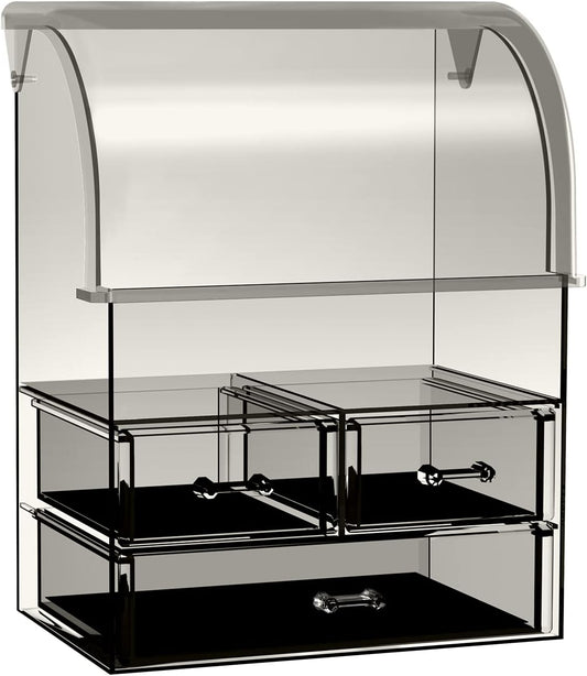 Stylish Acrylic Cosmetic Makeup Organizer with Lid - Dustproof, Waterproof Storage Box Featuring 3 Drawers for Makeup Tools, Lipsticks, Perfume, and Jewelry (Black Clear)