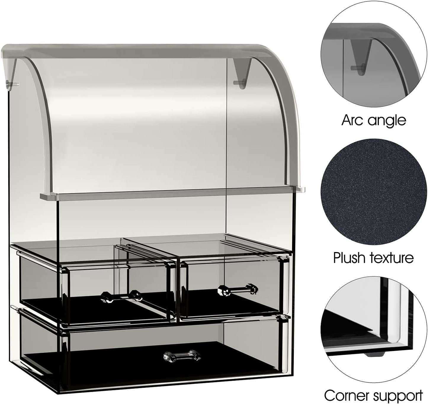 Stylish Acrylic Cosmetic Makeup Organizer with Lid - Dustproof, Waterproof Storage Box Featuring 3 Drawers for Makeup Tools, Lipsticks, Perfume, and Jewelry (Black Clear)