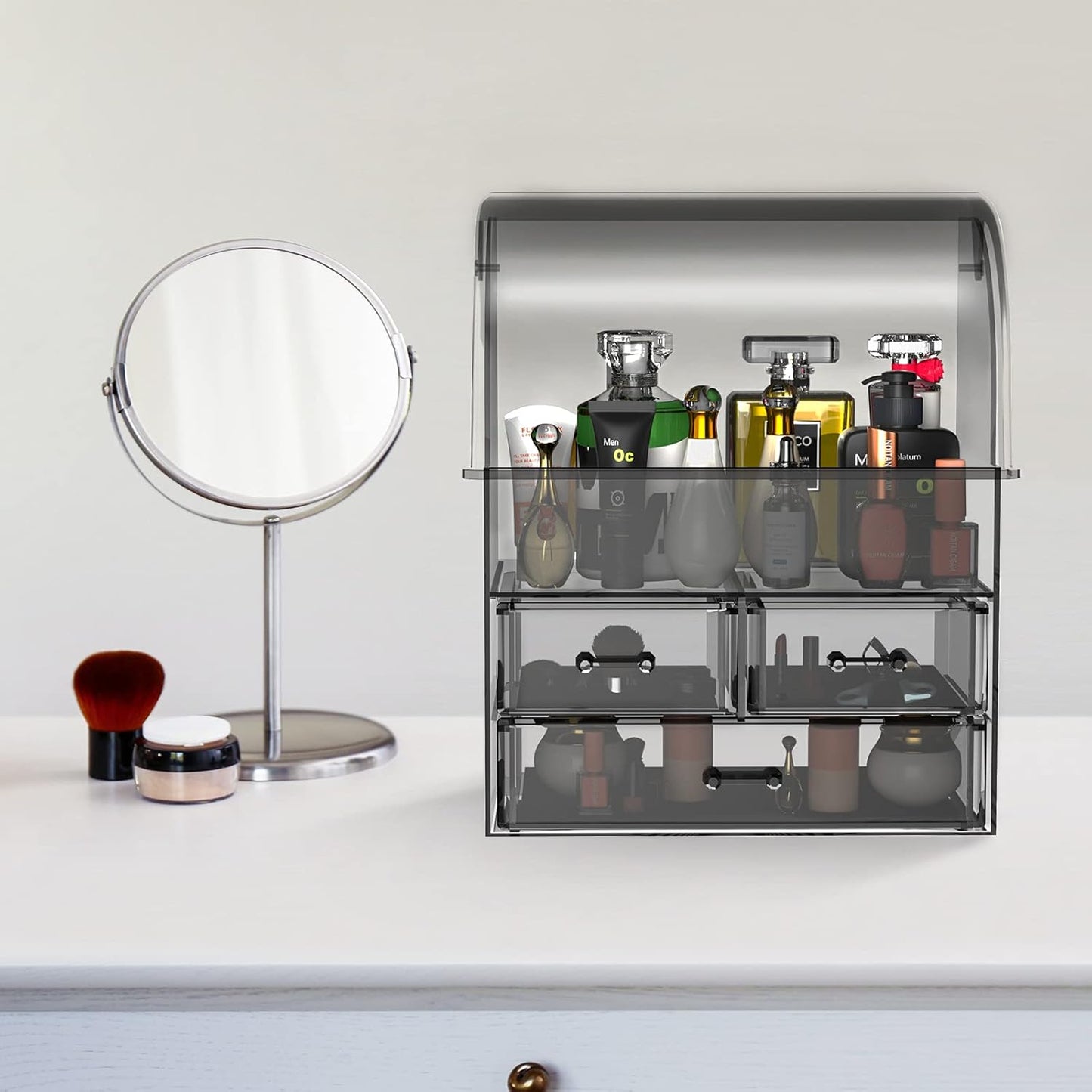 Stylish Acrylic Cosmetic Makeup Organizer with Lid - Dustproof, Waterproof Storage Box Featuring 3 Drawers for Makeup Tools, Lipsticks, Perfume, and Jewelry (Black Clear)