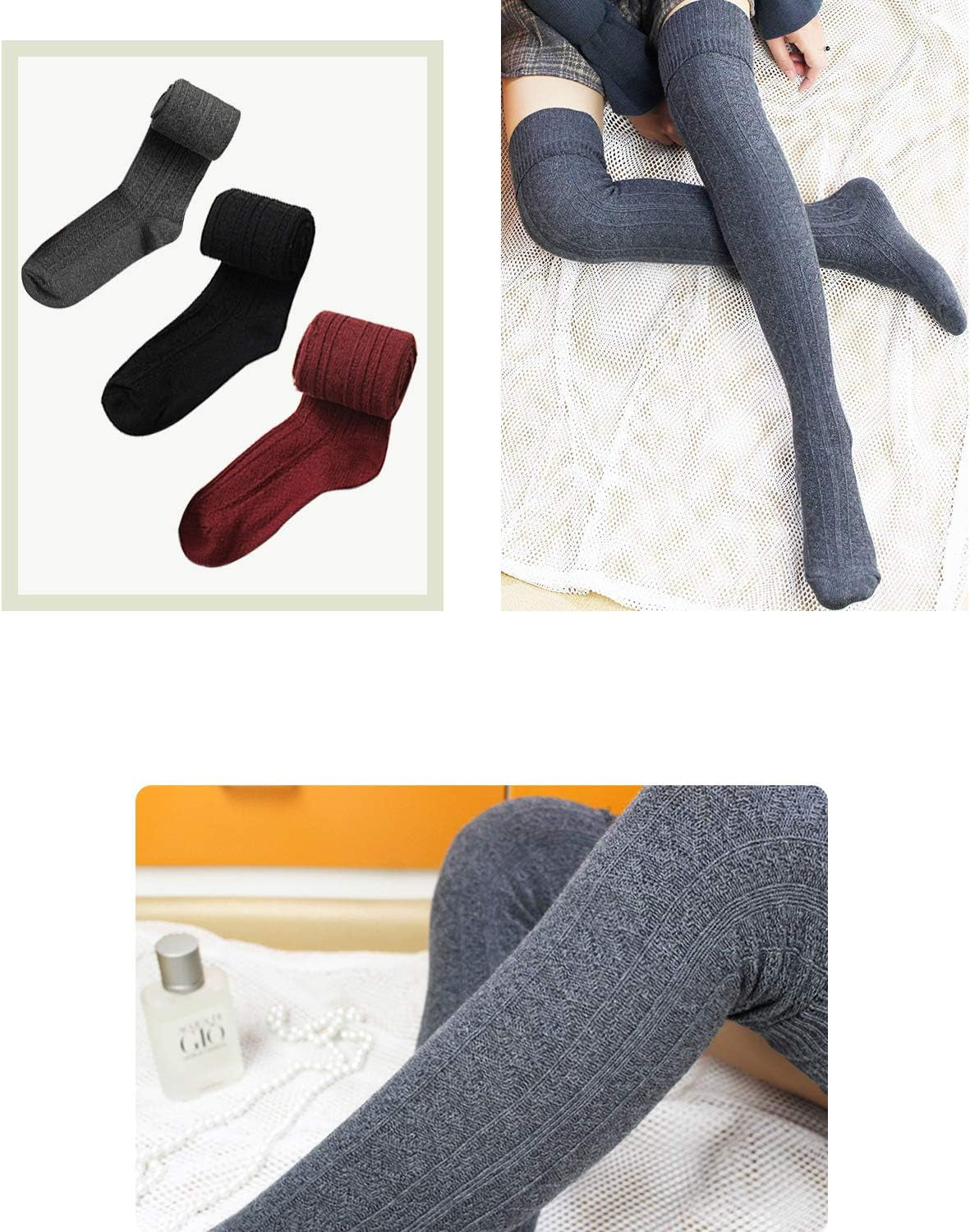 Women Thigh High Socks Extra Long Cotton Knit Warm Winter over the Knee Long Boot Stockings Black (2 Pairs (1 Black+1 Dgrey))…