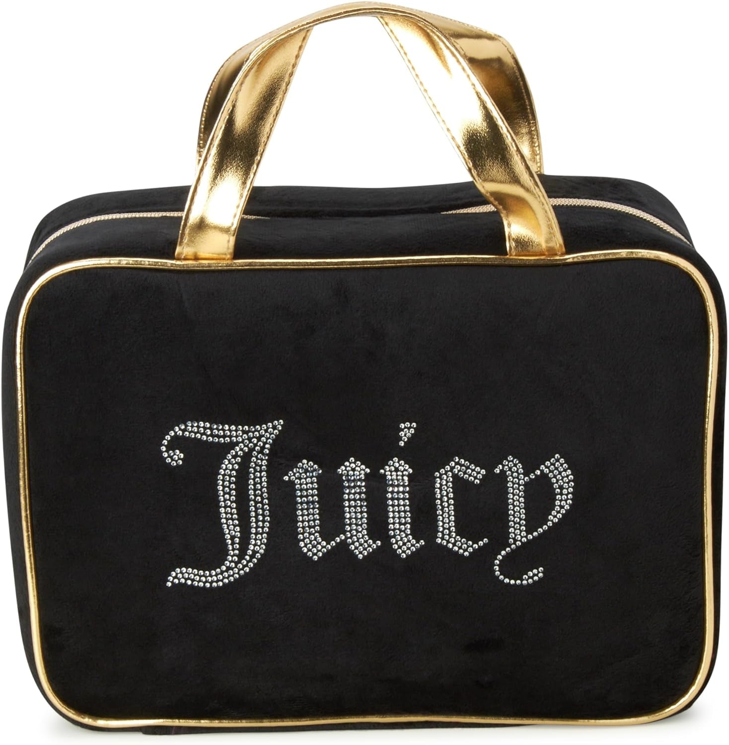 Black Makeup Bag Cosmetics Organizer Travel Essentials Weekender Velour Rhinestone Gold Trim