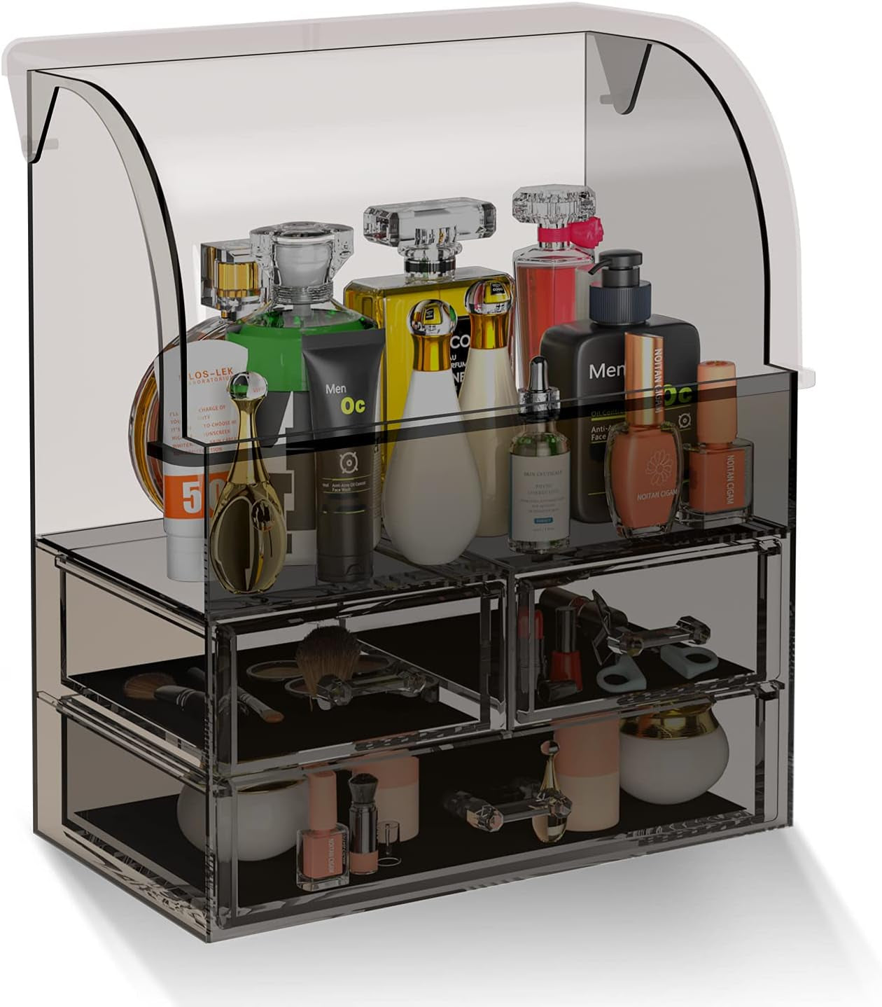 Stylish Acrylic Cosmetic Makeup Organizer with Lid - Dustproof, Waterproof Storage Box Featuring 3 Drawers for Makeup Tools, Lipsticks, Perfume, and Jewelry (Black Clear)