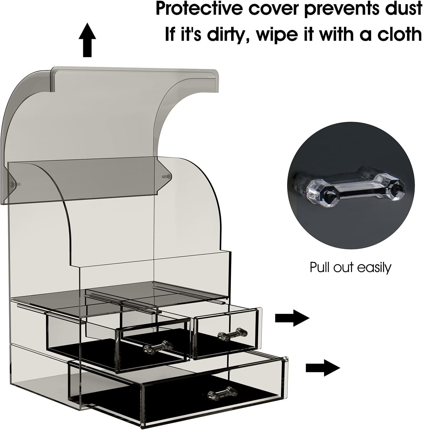 Stylish Acrylic Cosmetic Makeup Organizer with Lid - Dustproof, Waterproof Storage Box Featuring 3 Drawers for Makeup Tools, Lipsticks, Perfume, and Jewelry (Black Clear)