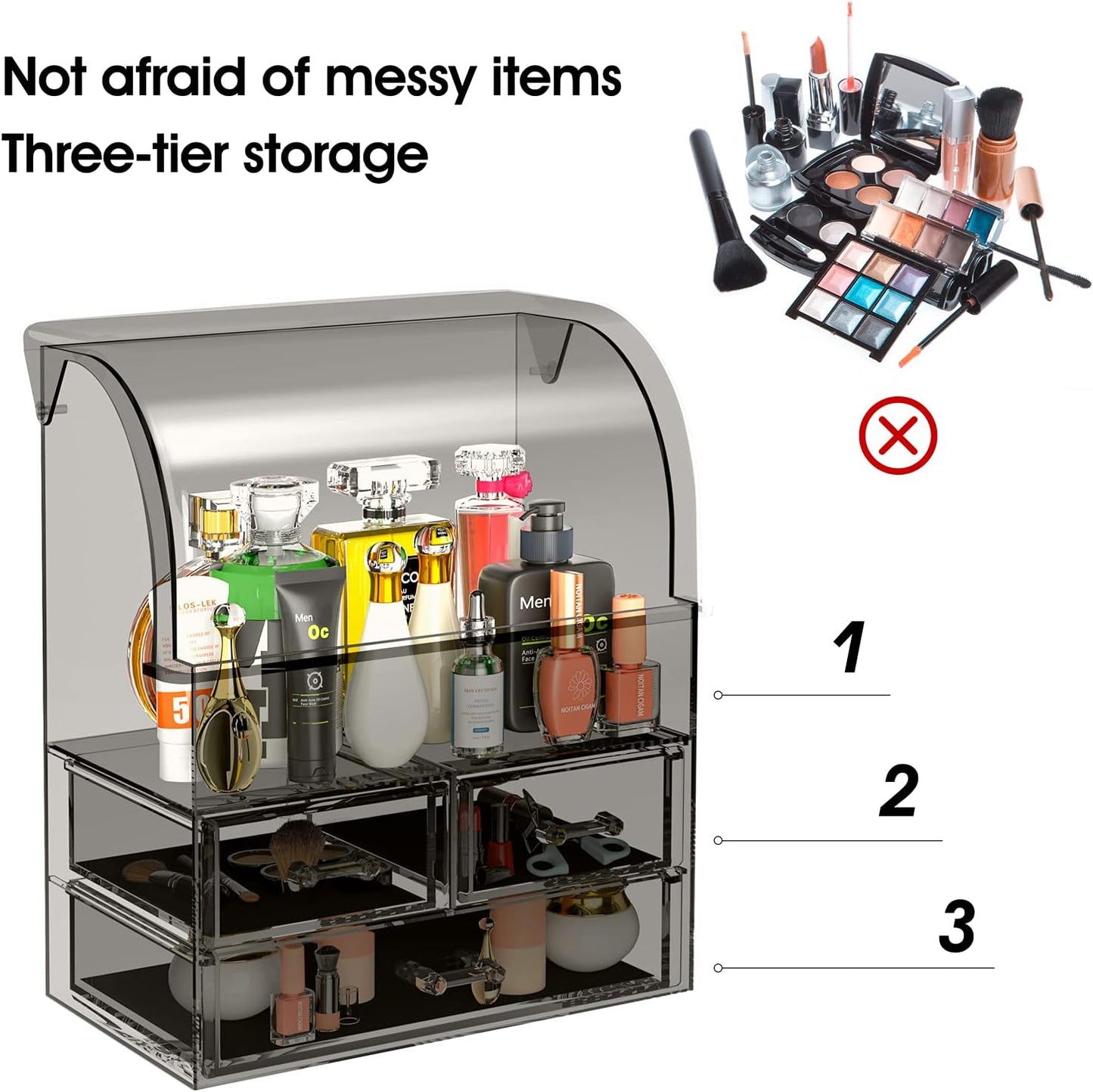 Stylish Acrylic Cosmetic Makeup Organizer with Lid - Dustproof, Waterproof Storage Box Featuring 3 Drawers for Makeup Tools, Lipsticks, Perfume, and Jewelry (Black Clear)