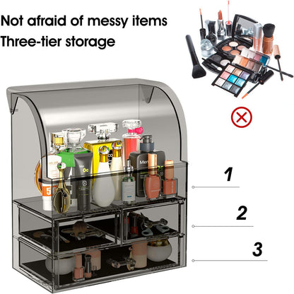 Stylish Acrylic Cosmetic Makeup Organizer with Lid - Dustproof, Waterproof Storage Box Featuring 3 Drawers for Makeup Tools, Lipsticks, Perfume, and Jewelry (Black Clear)