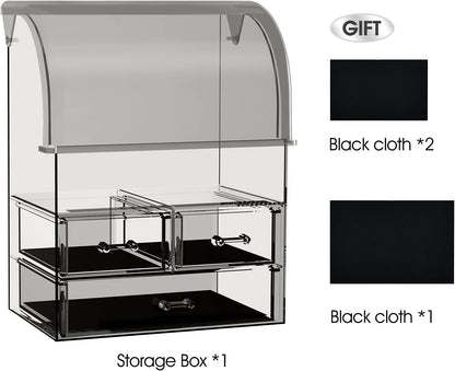 Stylish Acrylic Cosmetic Makeup Organizer with Lid - Dustproof, Waterproof Storage Box Featuring 3 Drawers for Makeup Tools, Lipsticks, Perfume, and Jewelry (Black Clear)