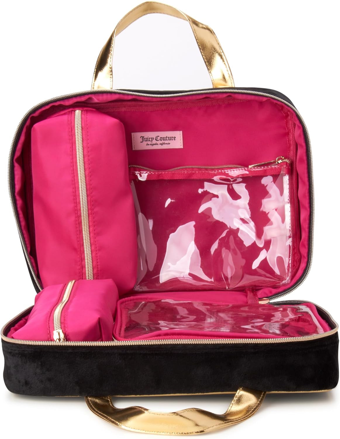 Black Makeup Bag Cosmetics Organizer Travel Essentials Weekender Velour Rhinestone Gold Trim