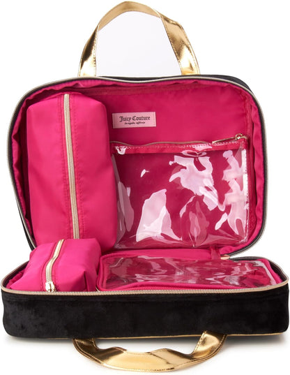 Black Makeup Bag Cosmetics Organizer Travel Essentials Weekender Velour Rhinestone Gold Trim