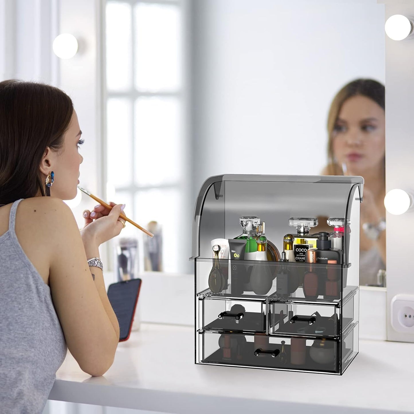 Stylish Acrylic Cosmetic Makeup Organizer with Lid - Dustproof, Waterproof Storage Box Featuring 3 Drawers for Makeup Tools, Lipsticks, Perfume, and Jewelry (Black Clear)